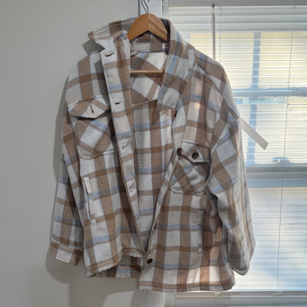 Cozy Plaid Shacket in Cream, Tan & Light Blue